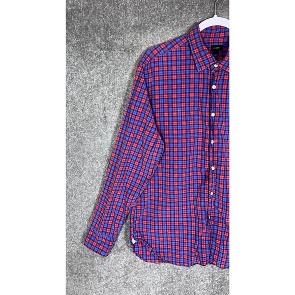J Crew Long Sleeve Button Up Shirt Mens Size Large Red Blue Plaid Chest Pocket - Picture 6 of 11